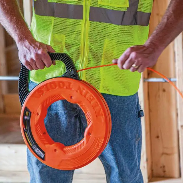 Alt view image 5 of 7 - Klein Tools 56383 Non-Conductive Electrical Fish Tape, Multi-Groove Fiberglass Wire Puller, Nylon Tip, Optimized Housing and Handle, 100-Foot
