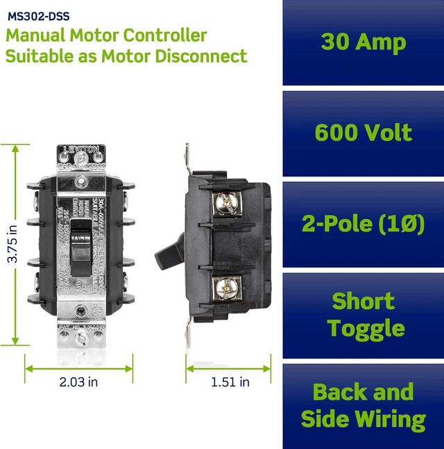 Alt view image 2 of 4 - Leviton Single Phase AC Motor Starter, 30 Amp, 600 Volt, Double-Pole, Short Toggle, Industrial Grade, Non-Grounding, MS302-DSS, Black