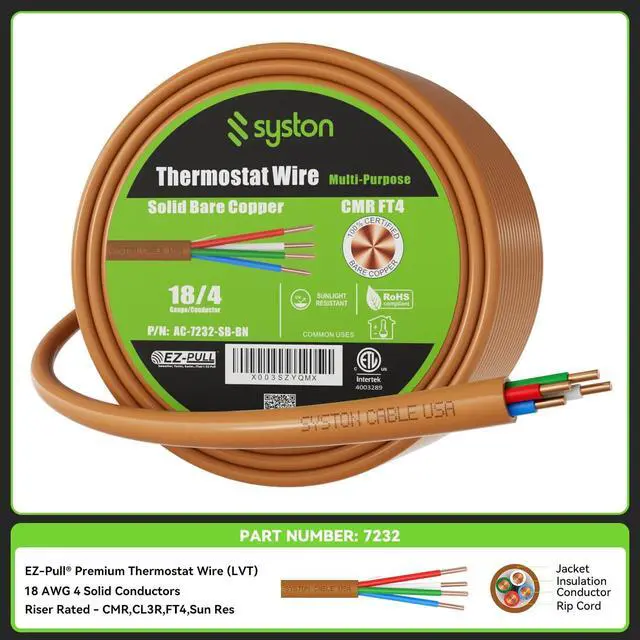 Alt view image 2 of 7 - Syston Cable Technology 18/4 Thermostat Wire Brown 50 ft 18 AWG 4 Conductors Solid Copper Outdoor/Indoor Heat & UV Resistant UL/ETL CMR CL3R FT4 Residential Commercial and Industrial Rated