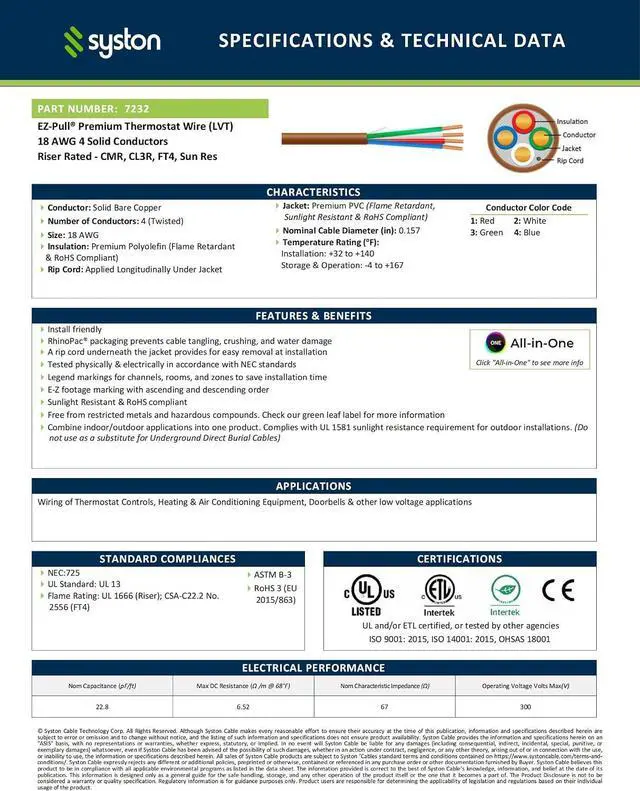 Alt view image 3 of 7 - Syston Cable Technology 18/4 Thermostat Wire Brown 50 ft 18 AWG 4 Conductors Solid Copper Outdoor/Indoor Heat & UV Resistant UL/ETL CMR CL3R FT4 Residential Commercial and Industrial Rated
