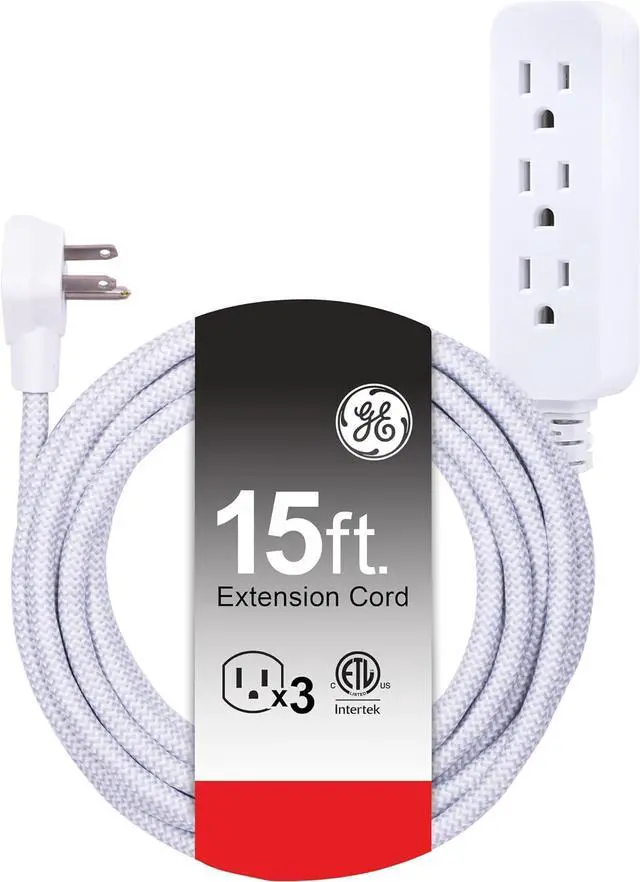 Main image of GE Pro 3-Outlet Power Strip with Surge Protection, 15 Ft Designer Braided Extension Cord, Grounded, Flat Plug, 250 Joules, Warranty, UL Listed, White/Gray, 40530