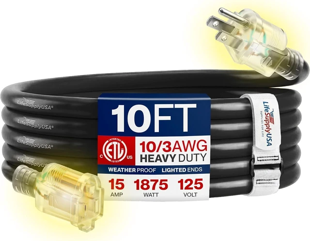 Main image of 10ft Outdoor/Indoor Extension Cord 10/3 Gauge Ultra Heavy Duty 3 Prong SJTW, Waterproof, ETL Listed, Flexible Cold-Resistant Long Power Cord,15A 125V 1875W, Black by LifeSupplyUSA