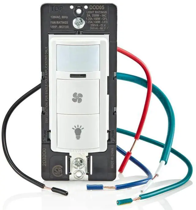 Alt view image 5 of 6 - Leviton Decora in-Wall Combination Occupancy Sensor with Fan Switch, DOD05-1LW, White