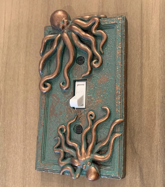 Alt view image 3 of 3 - Top Brass Large Octopus/Kraken Electrical Cover Wall Plate Bronze/Verdigris Finish Style 2 - Single Switch, Double, Rocker, Outlet (Single Switch)