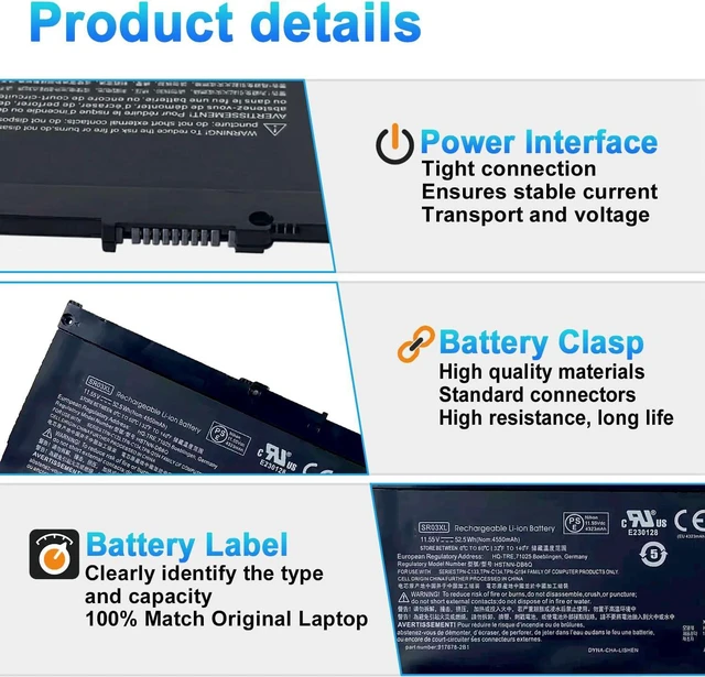 Alt view image 3 of 7 - 52.5Wh SR03XL SR04XL L08855-855 Battery Replacement for Hp Pavilion 15-CX 15-cx0xxx 15-cx0058wm 15-cx0056wm Envy X360 15-CN 15-CP 17-BW 15-cx0xxx Series SR03052XL L08934-2C1 L08934-1B1