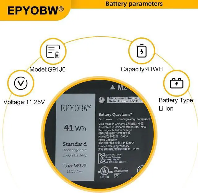 Alt view image 4 of 7 - G91J0 Laptop Battery 41Wh 3467mAh 11.25V V6W33 TN70C N9XX