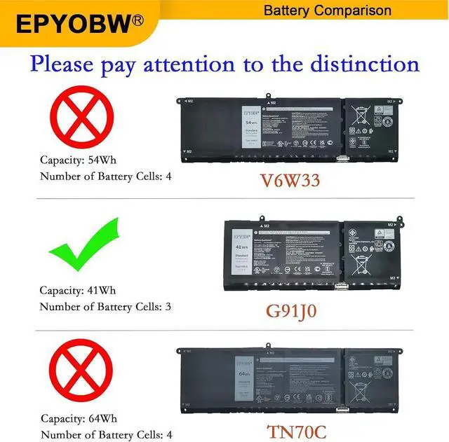 Alt view image 3 of 7 - G91J0 Laptop Battery 41Wh 3467mAh 11.25V V6W33 TN70C N9XX