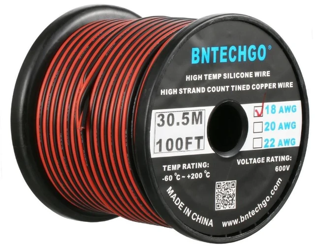 Main image of BNTECHGO 18 Gauge Flexible 2 Conductor Parallel Silicone Wire Spool Red Black High Resistant 200 deg C 600V for Single Color LED Strip Extension Cable Cord,Model,100ft Stranded Tinned Copper Wire