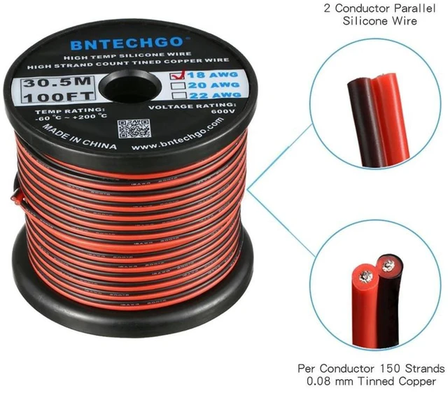 Alt view image 2 of 7 - BNTECHGO 18 Gauge Flexible 2 Conductor Parallel Silicone Wire Spool Red Black High Resistant 200 deg C 600V for Single Color LED Strip Extension Cable Cord,Model,100ft Stranded Tinned Copper Wire