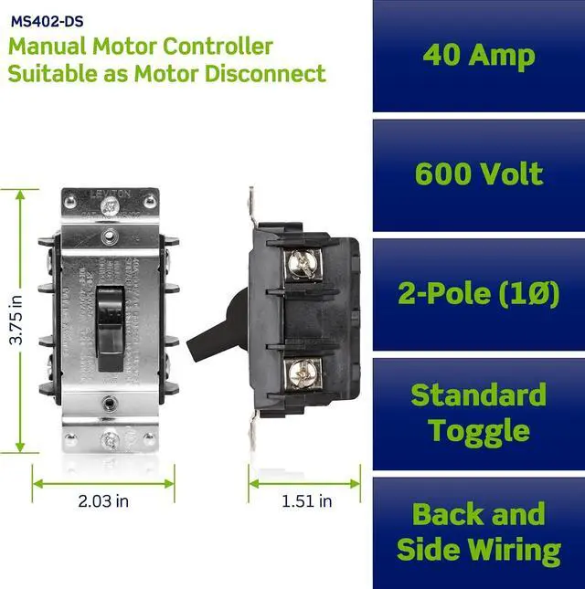 Alt view image 2 of 4 - Leviton Single Phase AC Motor Starter, 40 Amp, 600 Volt, Double-Pole, Industrial Grade, MS402-DS, Black