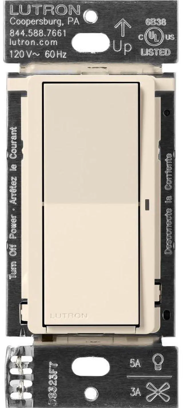 Main image of Lutron Claro Smart Switch for Caseta Smart Lighting (Lutron Smart Hub Required), for LED Lights and Fans, 5 Amp, Single-Pole/3-Way, Neutral Required, DVRF-5NS-LA, Light Almond