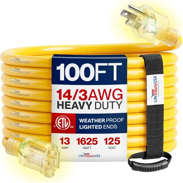 Main image of 100ft Outdoor/Indoor Extension Cord 14/3 Gauge Heavy Duty 3 Prong SJTW, Waterproof, ETL Listed, Flexible Cold-Resistant Long Power Cord,13A 125V 1625W, Yellow by LifeSupplyUSA