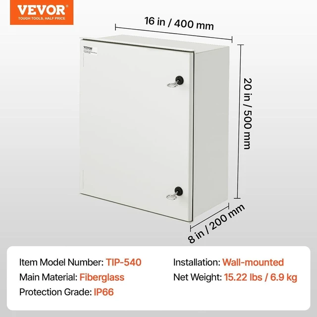 Alt view image 3 of 7 - VEVOR NEMA Enclosure, 20 x 16 x 8 inches, NEMA 4X Fiberglass Steel Electrical Box, IP66 Waterproof & Dustproof Hinged Junction Box for Outdoor Indoor Use, with Mounting Plate