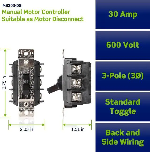 Alt view image 2 of 6 - Leviton Three Phase AC Motor Starter 30 Amp, 600 Volt, Three-Pole, Suitable As Motor Disconnect, Toggle, Industrial Grade, Non-Grounding, MS303-0DS, Black