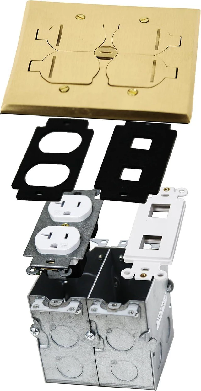 Alt view image 4 of 7 - Enerlites 705549-C-D Flip Lid Cover Floor Box kit, 5 x 5 2-Gang Cover, 20A Tamper-Weather Resistant Receptacles, Keystone Jack Ports, Watertight Gasket, Corrosive Resistant Hardware, UL Listed