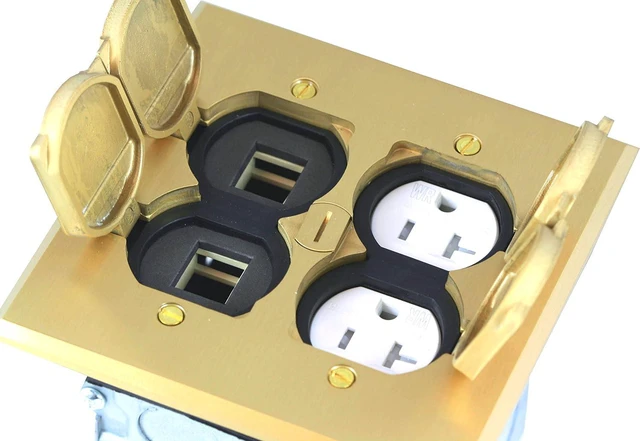 Alt view image 3 of 7 - Enerlites 705549-C-D Flip Lid Cover Floor Box kit, 5 x 5 2-Gang Cover, 20A Tamper-Weather Resistant Receptacles, Keystone Jack Ports, Watertight Gasket, Corrosive Resistant Hardware, UL Listed