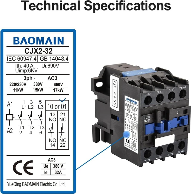 Alt view image 2 of 7 - Baomain 3-Pole AC Contactor CJX2-3210 110VAC Coil, 3NO+1NO Auxiliary, 660V 3-Phase, DIN Rail Mount