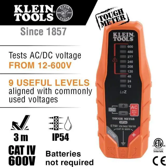 Alt view image 2 of 7 - Klein Tools ET60 Voltage Tester, Tests AC/DC and Low Voltage, No Batteries Needed