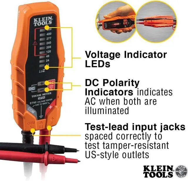 Alt view image 3 of 7 - Klein Tools ET60 Voltage Tester, Tests AC/DC and Low Voltage, No Batteries Needed