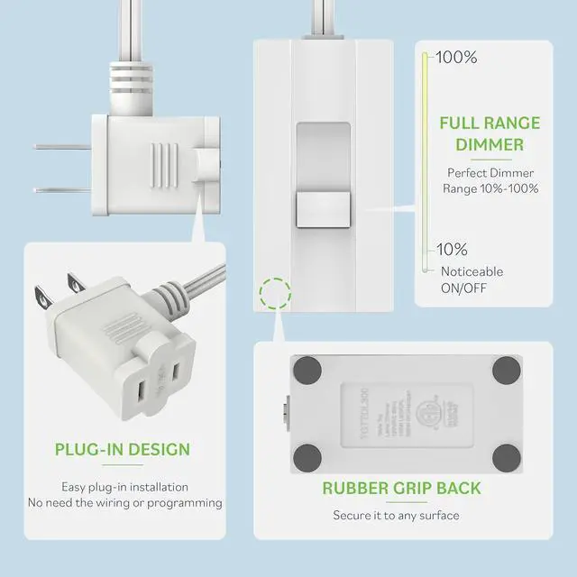 Alt view image 2 of 7 - TOPGREENER Table-Top Plug in Dimmer Switch for Table or Floor Lamps, Slide Control, Works with Incandescent and Dimmable LED 360 Watt Bulbs Off at Lowest dim, 6ft Cord, 120V 60Hz, TGTTDL300-W, White