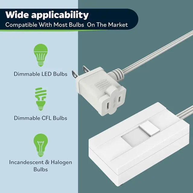 Alt view image 3 of 7 - TOPGREENER Table-Top Plug in Dimmer Switch for Table or Floor Lamps, Slide Control, Works with Incandescent and Dimmable LED 360 Watt Bulbs Off at Lowest dim, 6ft Cord, 120V 60Hz, TGTTDL300-W, White