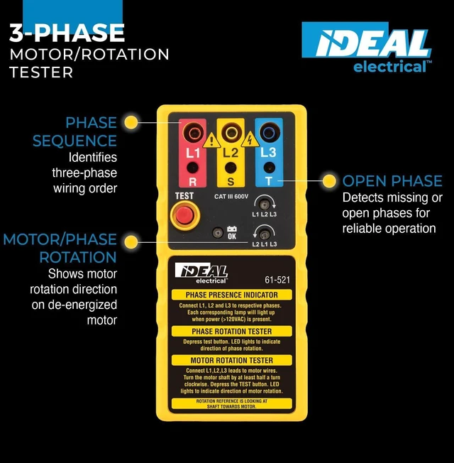 Alt view image 2 of 7 - Ideal Electrical 61-521 3-Phase Motor Rotation and Phase Rotation Tester, Carrying Case and Leads Included,Blue/Red