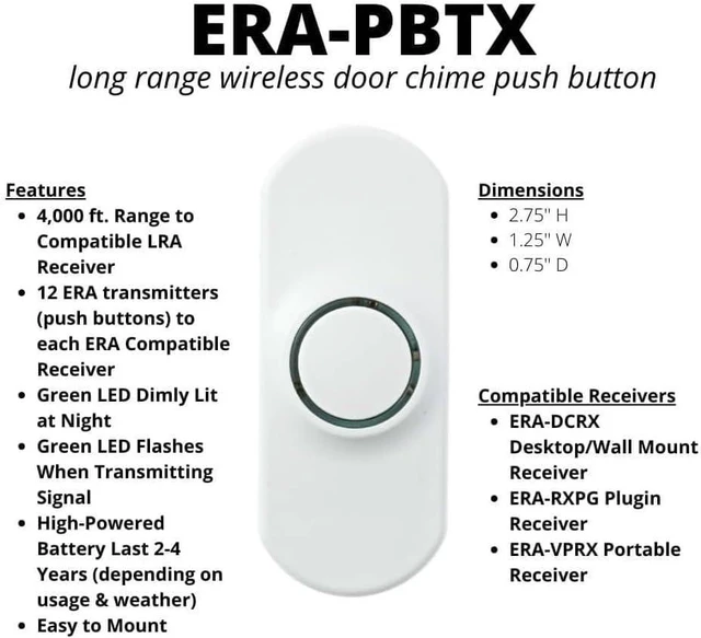 Alt view image 2 of 7 - Wireless doorbell button for ERA series safeguard supply Door bells and chimes wireless kits only- 3/4 mile range of doorbell signal