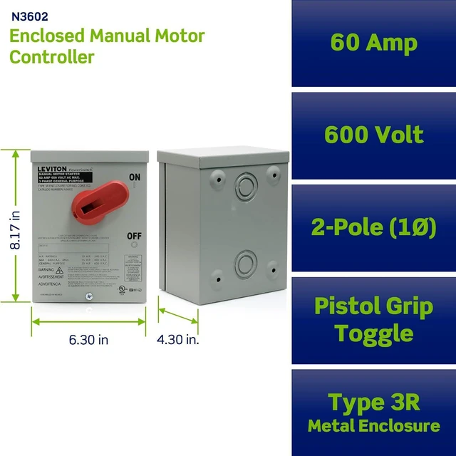 Alt view image 2 of 5 - Leviton N3602 60 Amp, 600 Volt, Toggle in Type 3R Enclosure, Double-Pole, AC Motor Starting Switch, Suitable as Motor Disconnect, Industrial Grade, Black