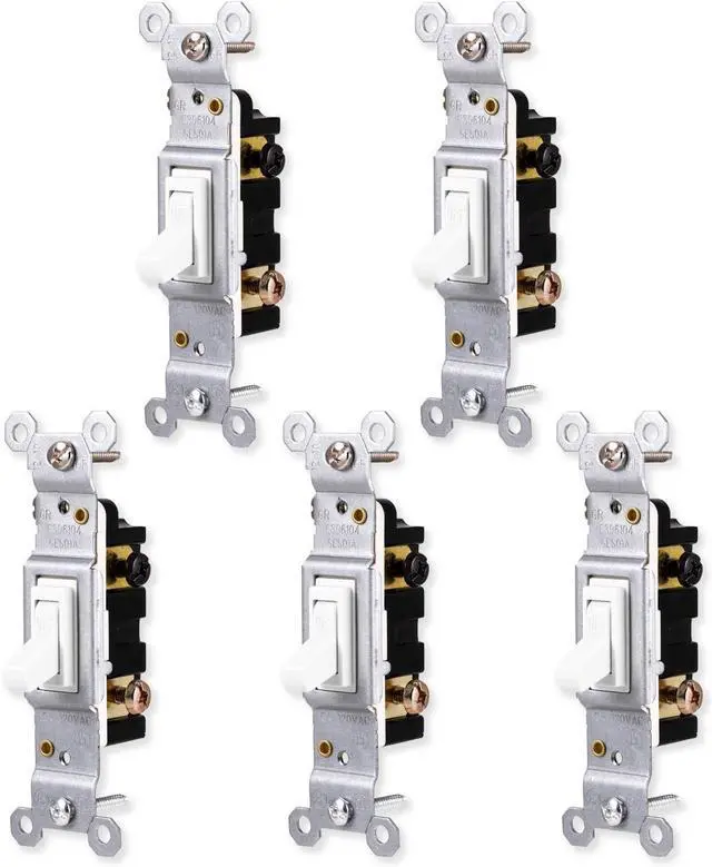 Main image of GE Switch, White, Grounding Toggle 5 Pack, Single Pole, in Wall On/Off Fan & Light Replacement, 15 Amp, for Home, Office & Kitchen, UL Listed, Wallplate not Included, 44034
