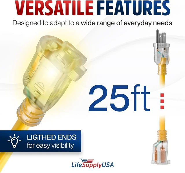 Alt view image 6 of 7 - 25ft Outdoor/Indoor Extension Cord 10/3 Gauge Ultra Heavy Duty 3 Prong SJTW, Waterproof, ETL Listed, Flexible Cold-Resistant Long Power Cord,15A 125V 1875W, Yellow by LifeSupplyUSA