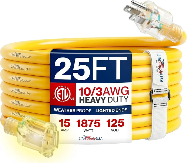 Main image of 25ft Outdoor/Indoor Extension Cord 10/3 Gauge Ultra Heavy Duty 3 Prong SJTW, Waterproof, ETL Listed, Flexible Cold-Resistant Long Power Cord,15A 125V 1875W, Yellow by LifeSupplyUSA