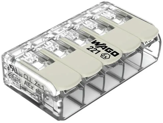 Main image of WAGO Connection Terminals 221-685 | 5 Conductors, up to 6 mm², Pack of 15, Compact Cable Connector with Levers for All Conductor Types Worldwide, Confirmed Application Safety