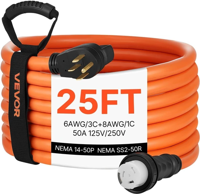 Main image of VEVOR 50 Amp Generator Cord, 25 Feet, 125/250V RV Power Cord NEMA 14-50P to SS2-50R with Twist Lock, Grip Handle, Heavy Duty 6AWG/3 + 8AWG/1 Generator Cable, for RV Camper Generator to House, Orange