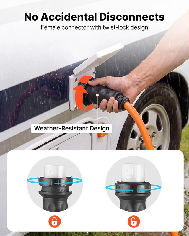Alt view image 5 of 7 - VEVOR 50 Amp Generator Cord, 25 Feet, 125/250V RV Power Cord NEMA 14-50P to SS2-50R with Twist Lock, Grip Handle, Heavy Duty 6AWG/3 + 8AWG/1 Generator Cable, for RV Camper Generator to House, Orange