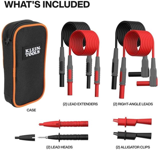 Alt view image 2 of 6 - Klein Tools 69483 Meter Test Leads Accessory Kit with (2) Right-Angle Leads, (2) Lead Extenders, (2) Lead Heads, (2) Alligator Clips, and Case, 9-Piece