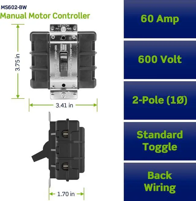Alt view image 2 of 4 - Leviton 60 Amp, 600 Volt, 2-Pole, Single Phase Single Throw, AC Manual Motor Controller, Standard Toggle, Industrial Grade, Non-Grounding, Back Wired, MS602-BW, Black
