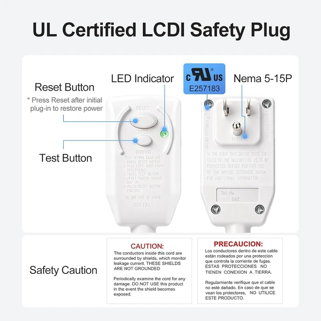Alt view image 3 of 7 - Baomain Room Air Conditioner Power Cord LCDI Plug, 120VAC 15 Amp 1800 Watt, NEMA 5-15P