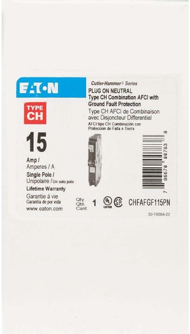 Alt view image 4 of 6 - Eaton CHFP115DF Circuit Breaker Type CH 120 Volt, Arc Fault/Ground Fault Circuit Breaker, 15 A, 10 kAIC