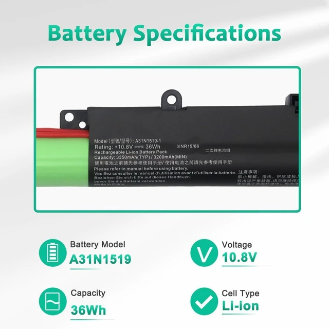 Alt view image 2 of 6 - 36Wh A31N1519 Laptop Battery Compatible with ASUS X540 X540S X540L X540LA X540LJ X540SA X540SC X540YA R540SA R540L Series 3ICR19/66 10.8V