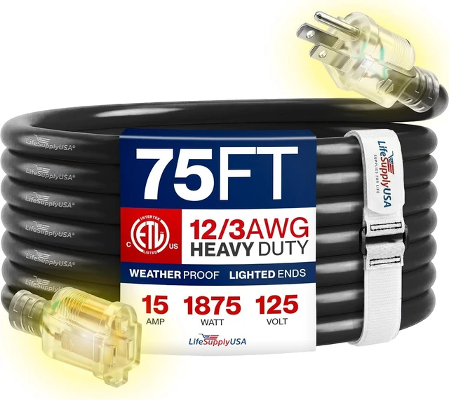 Main image of 75ft Outdoor/Indoor Extension Cord 12/3 Gauge Extra Heavy Duty 3 Prong SJTW, Waterproof, ETL Listed, Flexible Cold-Resistant Long Power Cord,15A 125V 1875W, Black by LifeSupplyUSA