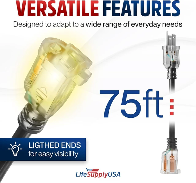 Alt view image 6 of 7 - 75ft Outdoor/Indoor Extension Cord 12/3 Gauge Extra Heavy Duty 3 Prong SJTW, Waterproof, ETL Listed, Flexible Cold-Resistant Long Power Cord,15A 125V 1875W, Black by LifeSupplyUSA