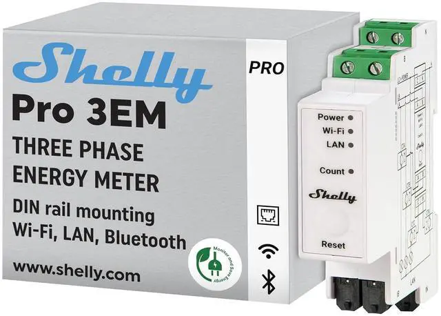Main image of Shelly Pro 3EM (400A) | Wi-Fi & LAN, 3-Phase Smart Energy Meter | 2-Way Consumption | Home Automation | Bluetooth Gateway | Compatible with Alexa & Google Home | No Hub Required | Solar Panels