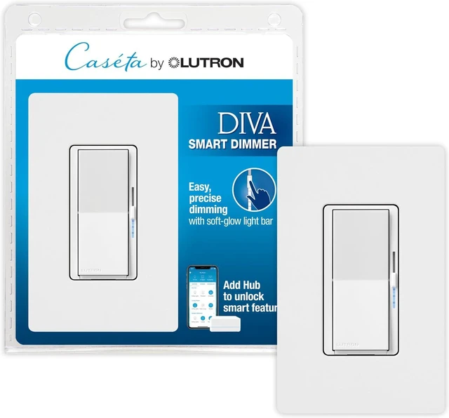 Main image of Lutron Caseta Smart Lighting Diva Smart Dimmer Switch w/Wall Plate for LED Bulbs, Works w/Alexa, Apple Homekit, Google Home (Hub Required), 150W, No Neutral Required, DVRFW-6L-WH-A, White