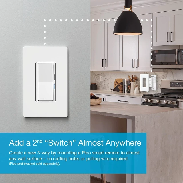Alt view image 7 of 7 - Lutron Caseta Smart Lighting Diva Smart Dimmer Switch w/Wall Plate for LED Bulbs, Works w/Alexa, Apple Homekit, Google Home (Hub Required), 150W, No Neutral Required, DVRFW-6L-WH-A, White