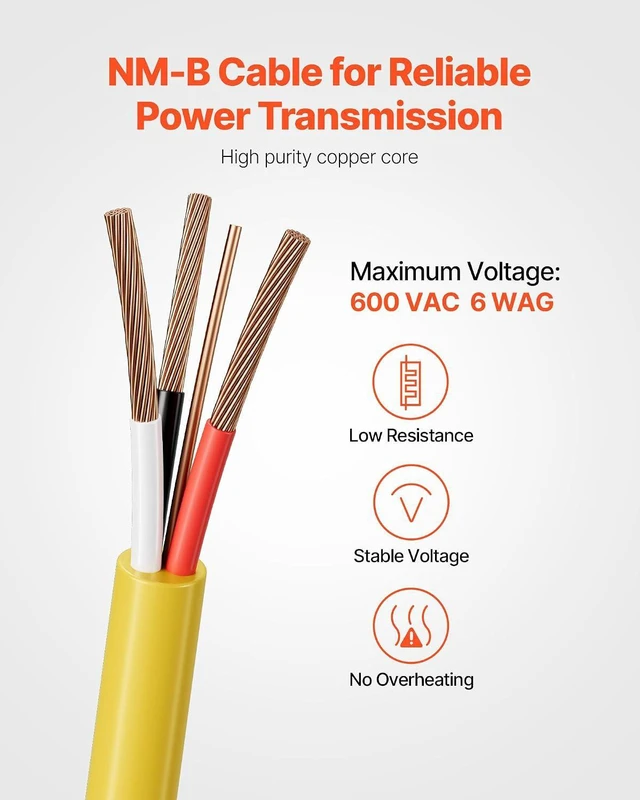 Alt view image 2 of 7 - VEVOR NM-B Wire, 6AWG/3C Non-Mettalic Residential Indoor Electrical Wire with Ground, PVC Sheathed High-Purity Copper Core Cable, for Outlets, Switches, Other Loads & Lighting Wiring Projects(50 ft)
