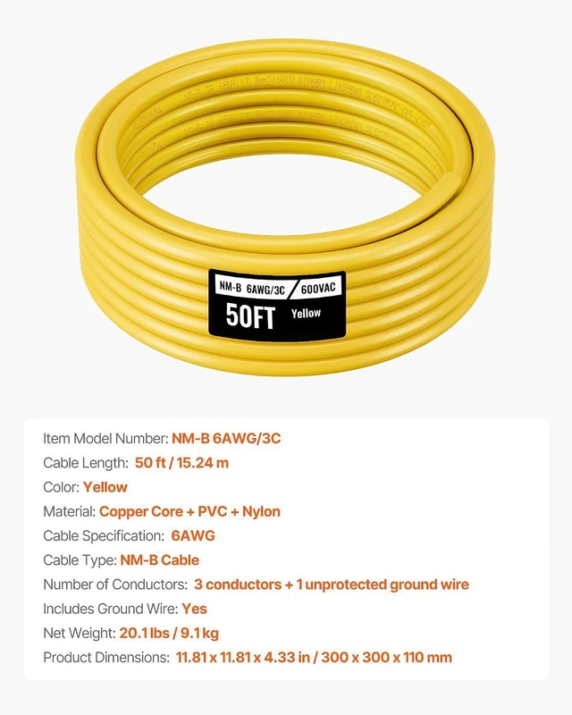 Alt view image 7 of 7 - VEVOR NM-B Wire, 6AWG/3C Non-Mettalic Residential Indoor Electrical Wire with Ground, PVC Sheathed High-Purity Copper Core Cable, for Outlets, Switches, Other Loads & Lighting Wiring Projects(50 ft)
