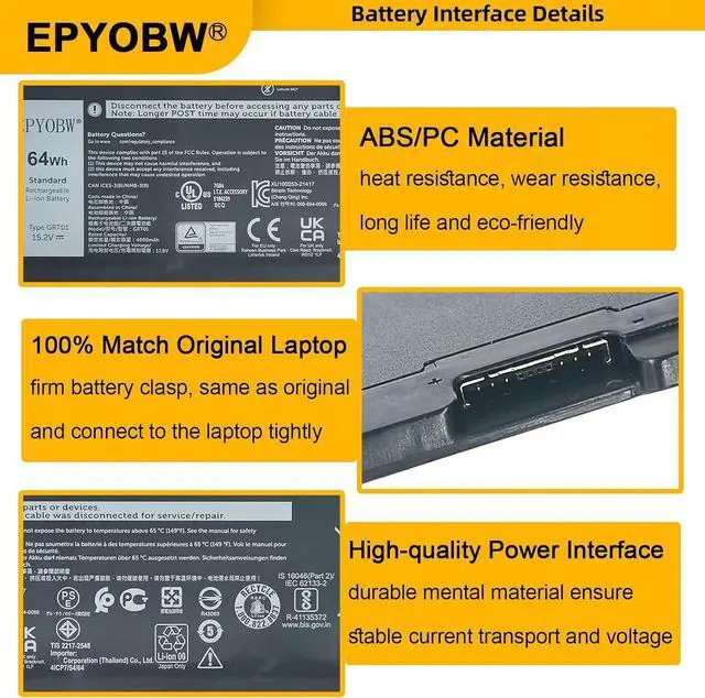 Alt view image 5 of 7 - GRT01 Laptop Battery 64Wh 4000mAh 15.2V GRT01 05RGW 0VXD57