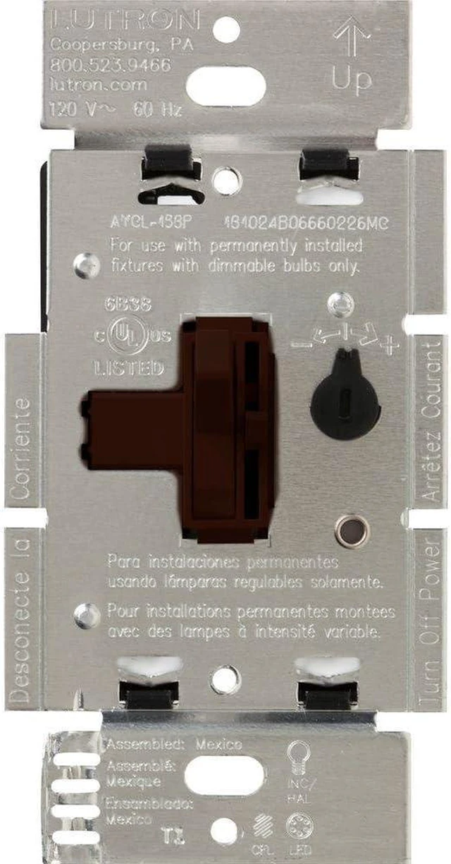 Main image of Lutron Toggler LED+ Dimmer Switch for Dimmable LED, Halogen and Incandescent Bulbs, 250W/Single-Pole or 3-Way, AYCL-253P-BR, Brown