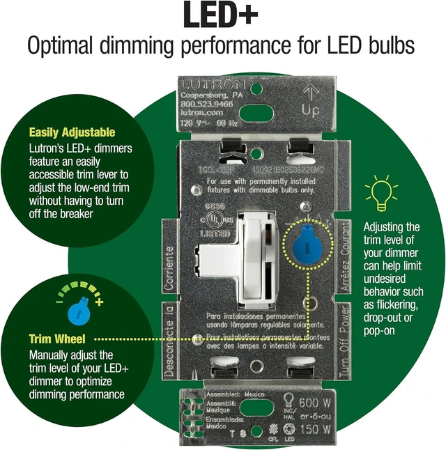 Alt view image 2 of 7 - Lutron Toggler LED+ Dimmer Switch for Dimmable LED, Halogen and Incandescent Bulbs, 250W/Single-Pole or 3-Way, AYCL-253P-BR, Brown