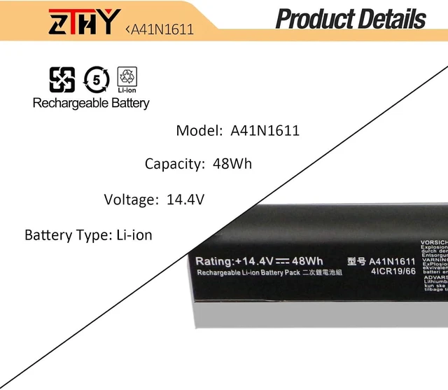 Alt view image 3 of 7 - ZTHY A41N1611 Laptop Battery Replacement for ASUS ROG GL553 GL553VW-1A/2B/2D GL553VD-1A/1B/2B/2D/FY072T/FY124T GL553VE-DS74/FY003T GL753V FX53VD FZ53V Series A41LK5H A41LP4Q OB110-00470000 14.4V 48Wh